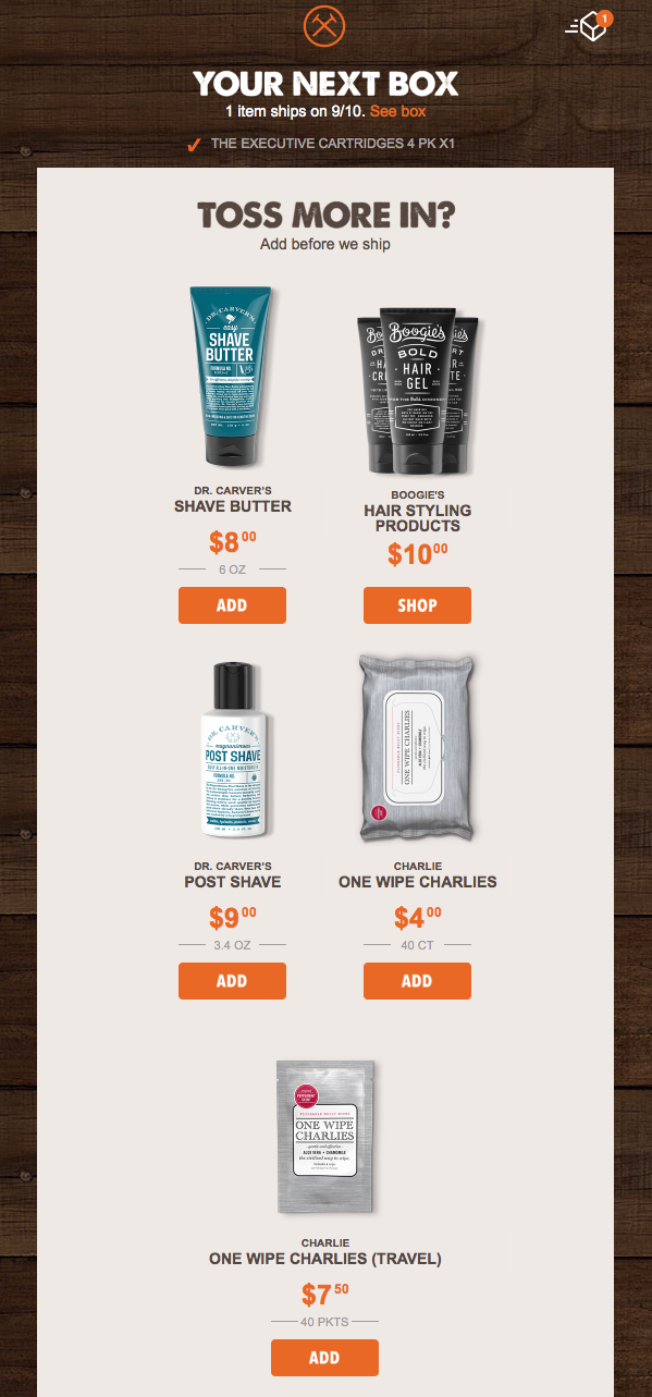 email campaign from dollar shave club suggesting products to purchase