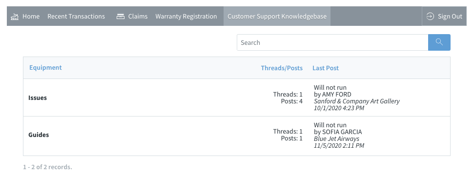 Example of a community forum on a custom Method portal.