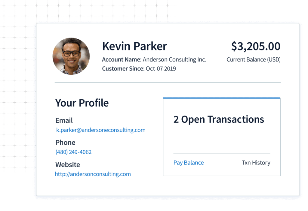 Method:CRM's online customer portal view showing two open transactions and a balance of $3,205 for a man named Kevil Parker