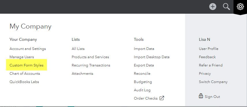 Screenshot showing where to access "Custom Form Styles" in QuickBooks.