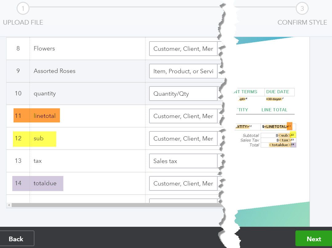 Screenshot showing how to map fields when importing form styles in QuickBooks Online.