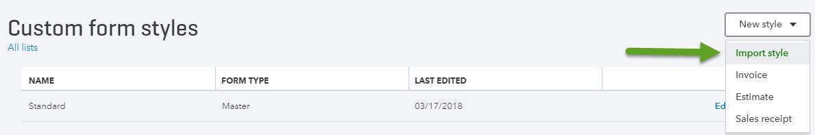 Screenshot showing how to import custom form styles in QuickBooks Online.