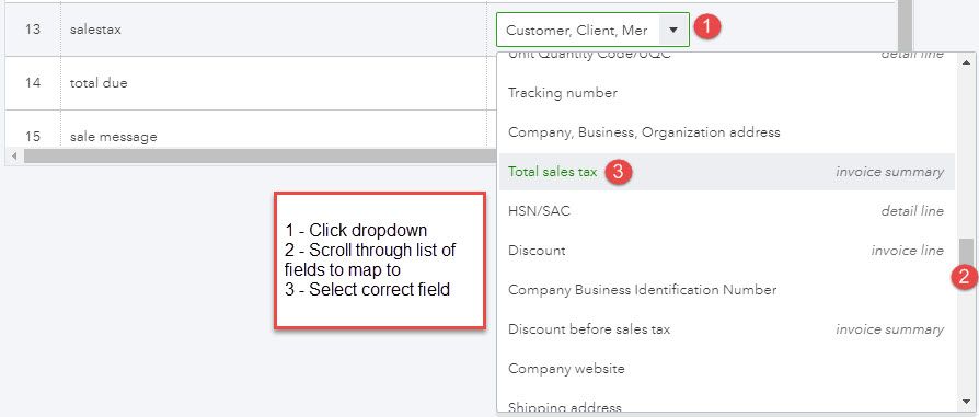 Screenshot showing how to map fields when importing form styles in QuickBooks Online by menu-scrolling.