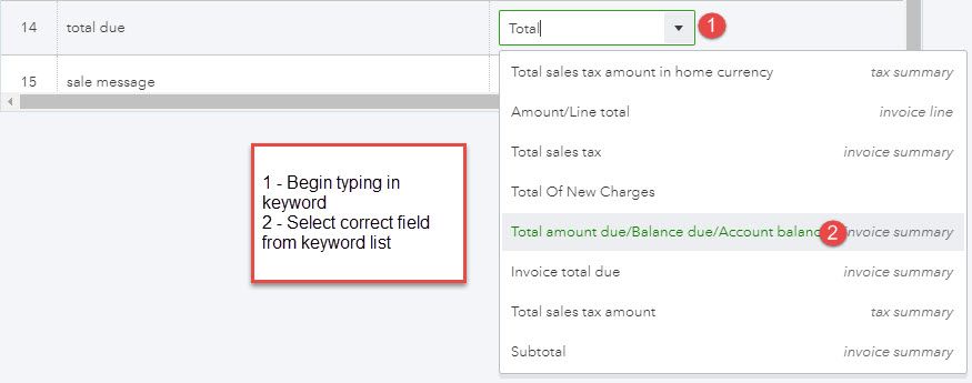 Screenshot showing how to map fields when importing form styles in QuickBooks Online through search.