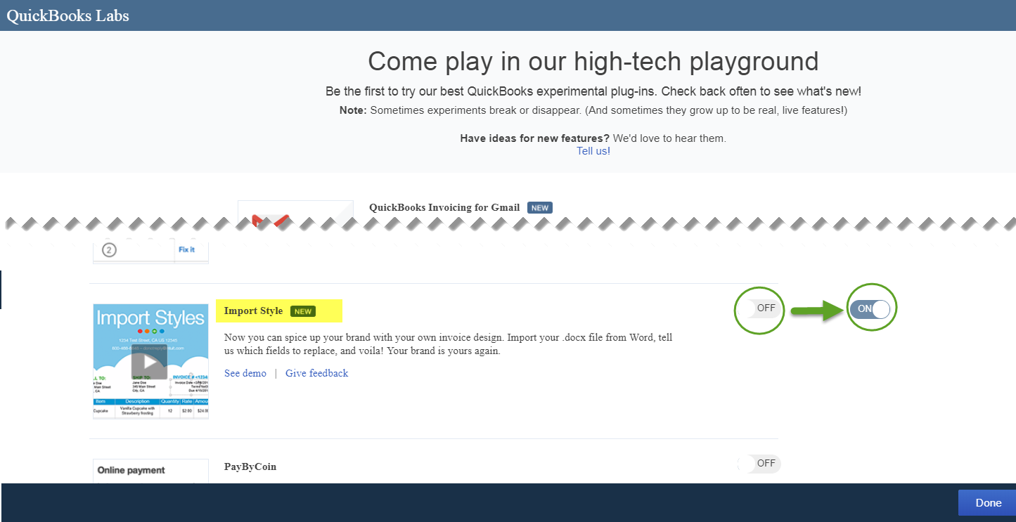 Screenshot showing how to toggle QuickBooks' "Import Style" feature to on.