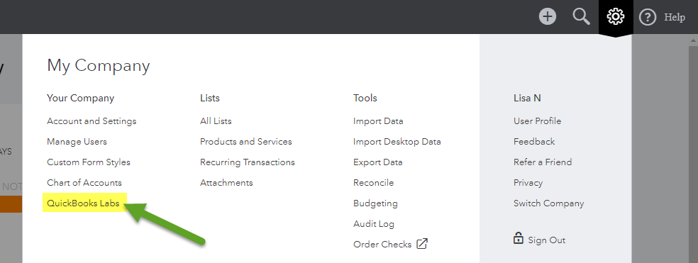 Screenshot showing where to access QuickBooks Labs.