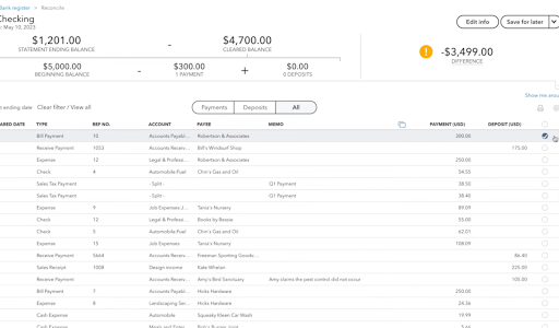 A screenshot of a bank register being reconciled in QuickBooks.