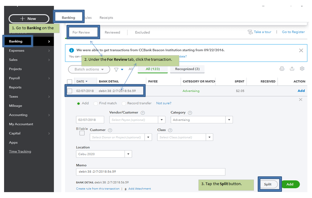 A screenshot showing the first steps to split transactions in QuickBooks Online.