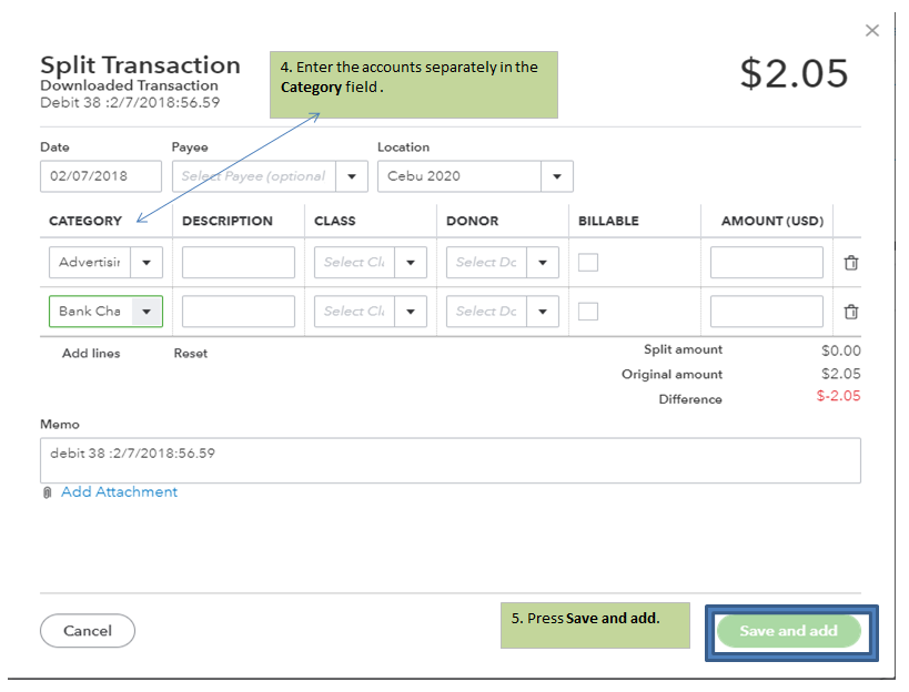 A screenshot showing the second steps to split transactions in QuickBooks Online.