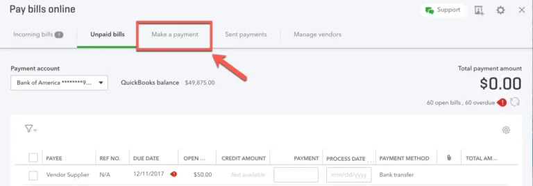 A screenshot showing how to make a payment in QuickBooks Online.