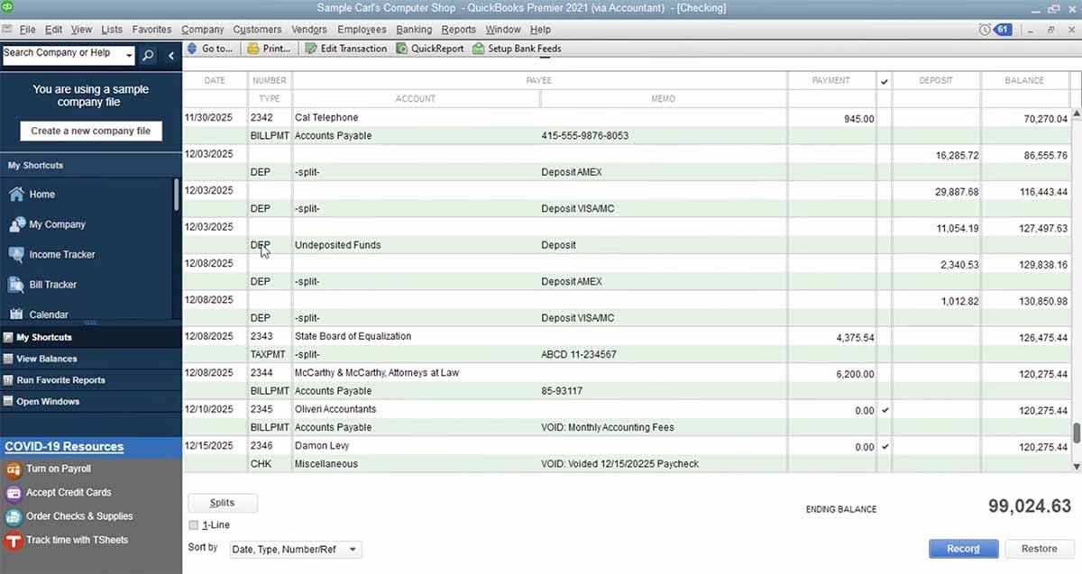 A screenshot showing the check register in QuickBooks Desktop.