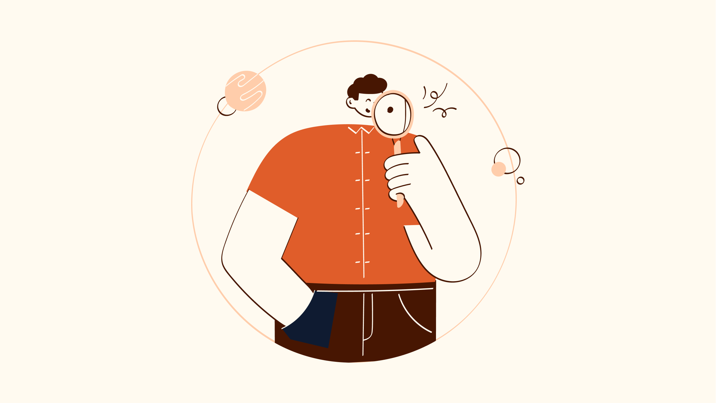 Orange drawing of a person with a magnifying glass