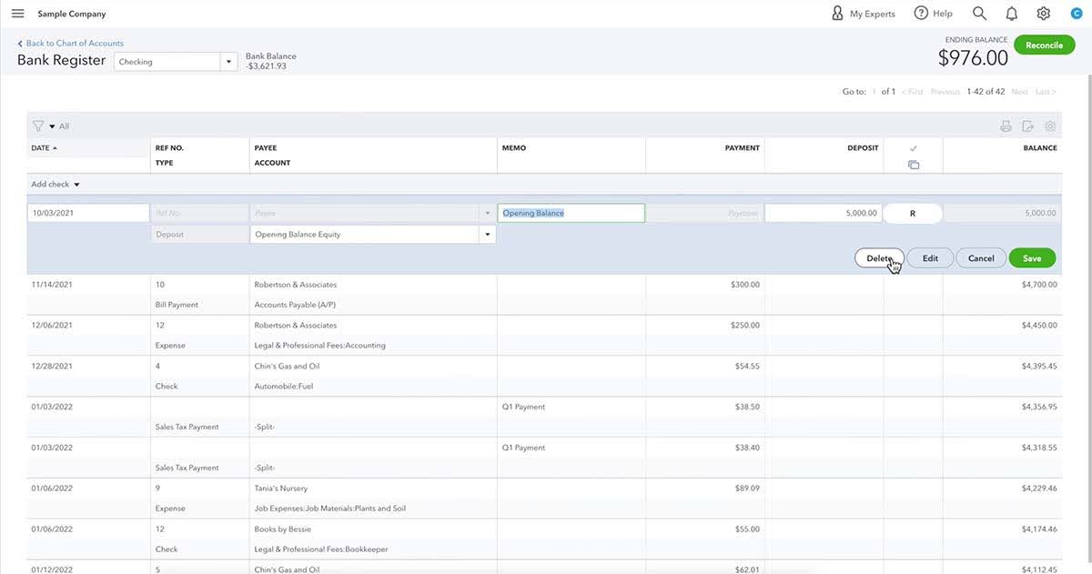 A screenshot showing how to delete a record in the "Bank register" page on QuickBooks.