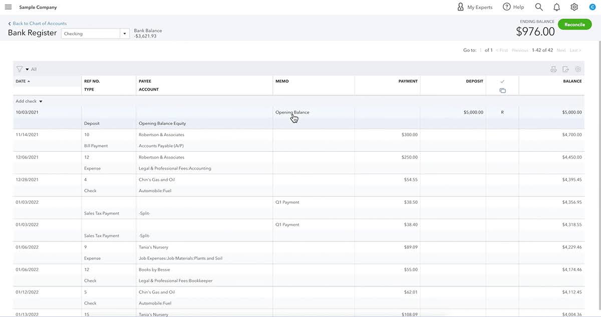 A screenshot showing the "Bank register" section of QuickBooks.