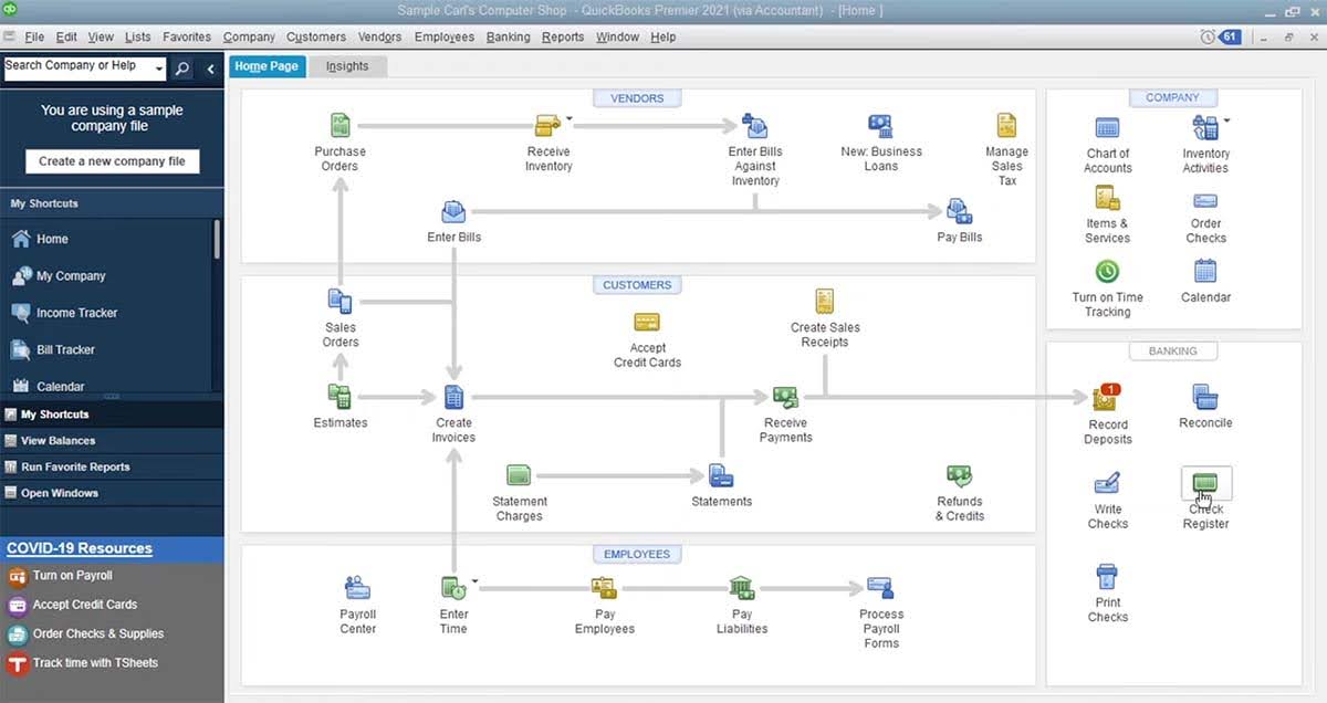 A screenshot of the "Check register" in QuickBooks Desktop.
