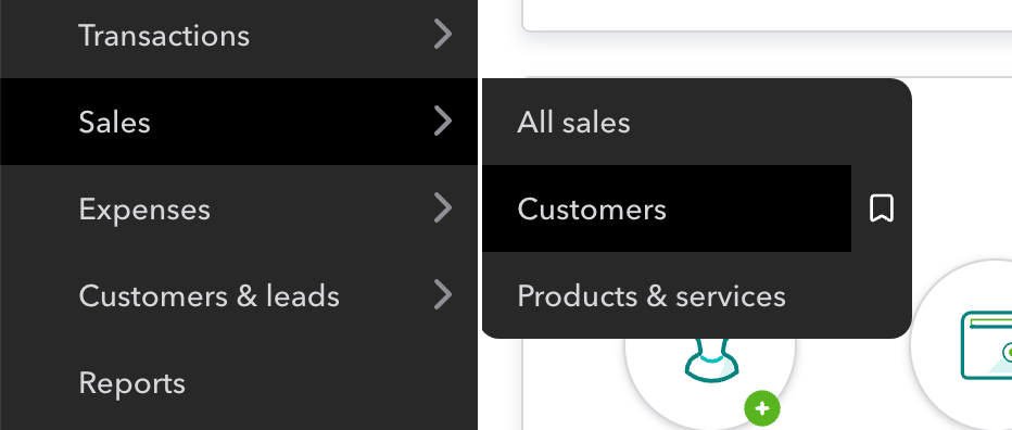 A screenshot showing the "Sales" and "Customers" menus in QuickBooks Online. 