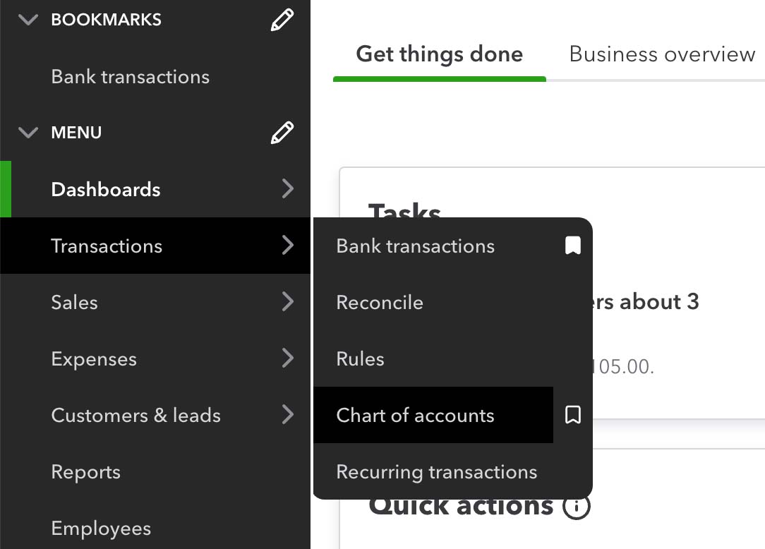 A screenshot showing the Transactions and Chart of Accounts tabs in QuickBooks.