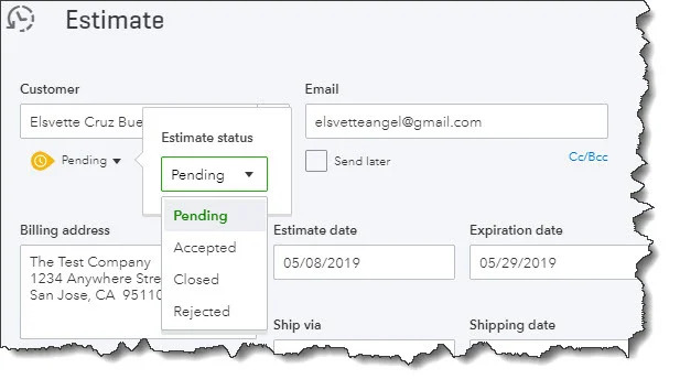 A screenshot showing the various estimate statuses in QuickBooks Online.