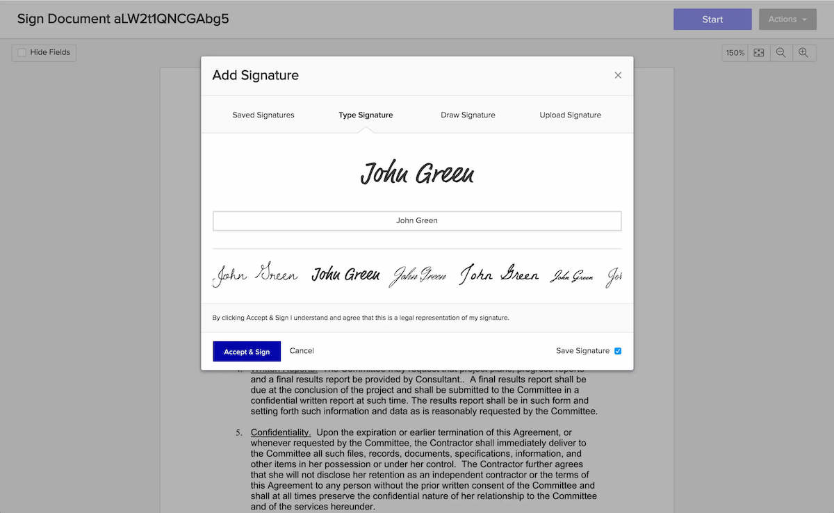 Screenshot of an EverSign e-signature.