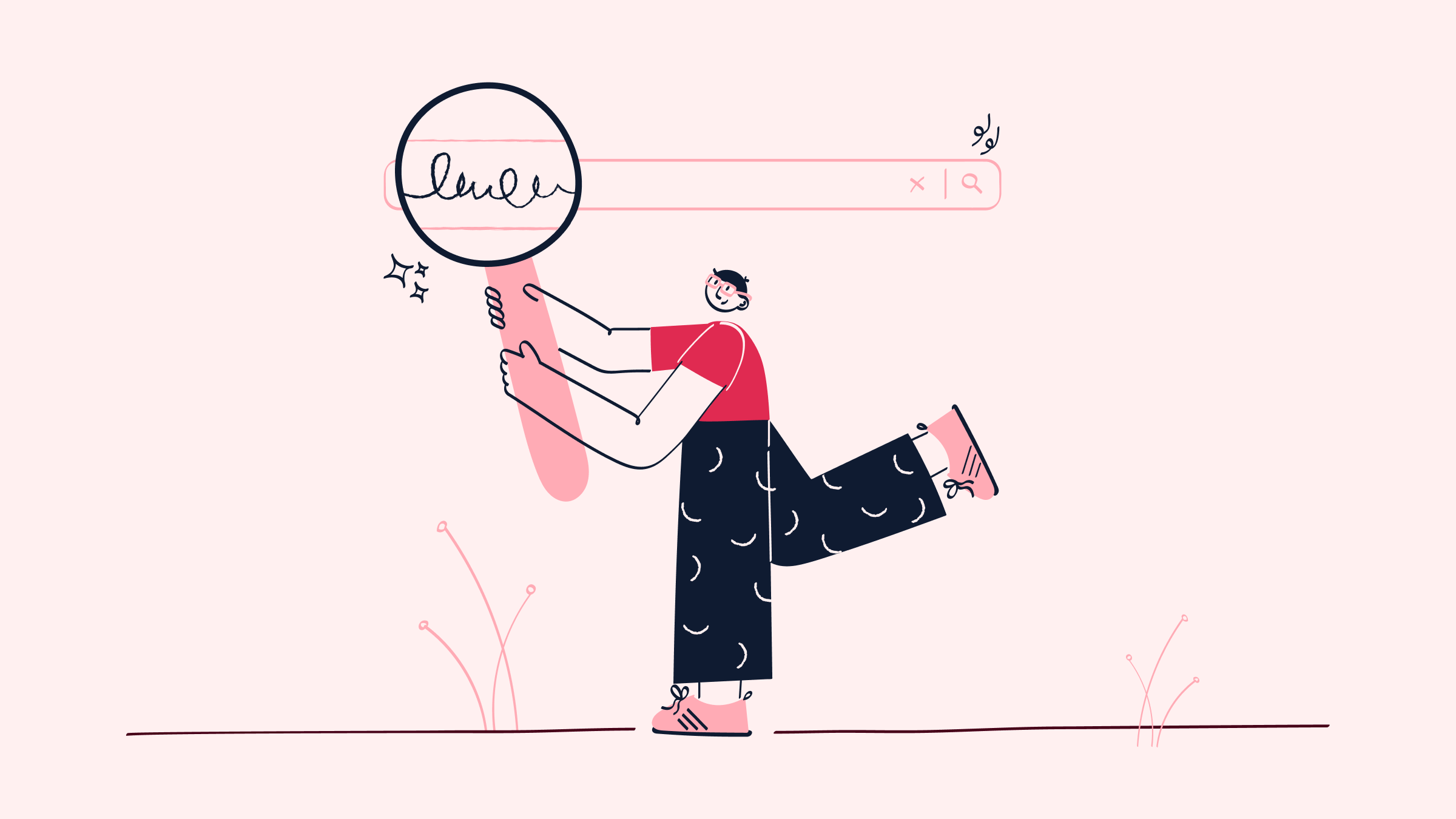 A fuchsia drawing of someone magnifying a search bar.