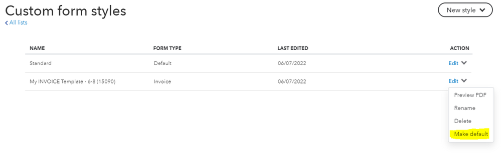 A screenshot showing the Custom Form Styles screen in QuickBooks Online. 