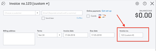 Screenshot showing the custom invoice number field in QuickBooks Online.
