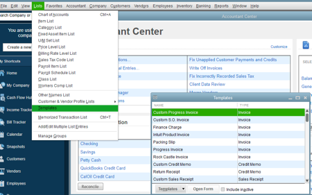 A screenshot showing where to access Templates in QuickBooks Desktop.