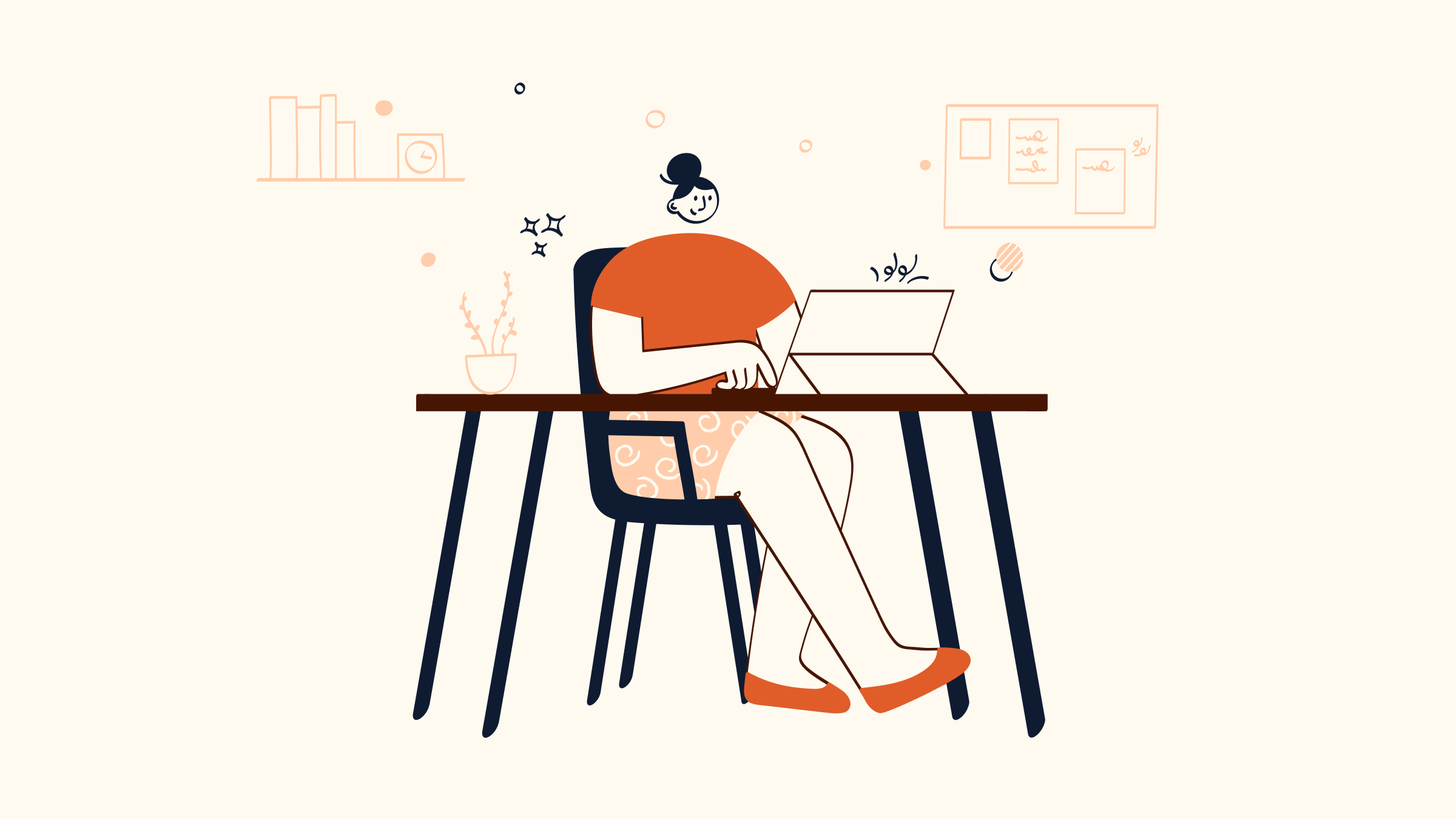 Orange blog drawing of a woman working at a desk on a laptop.