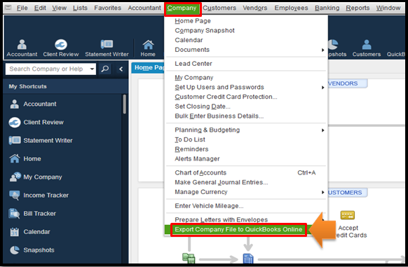 A screenshot showing the "Export company file" option in QuickBooks Desktop.