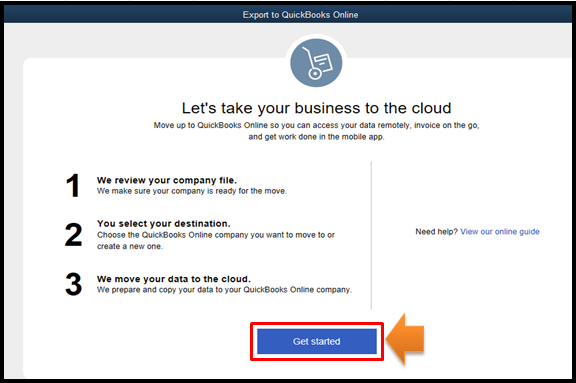 A screenshot showing the "Get started" page when you start an export from QuickBooks Desktop to Online.