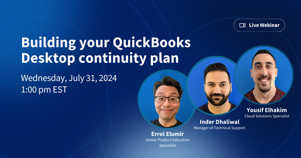 Promotional image for Method's July 2024 webinar, "Building your QuickBooks Desktop continuity plan".