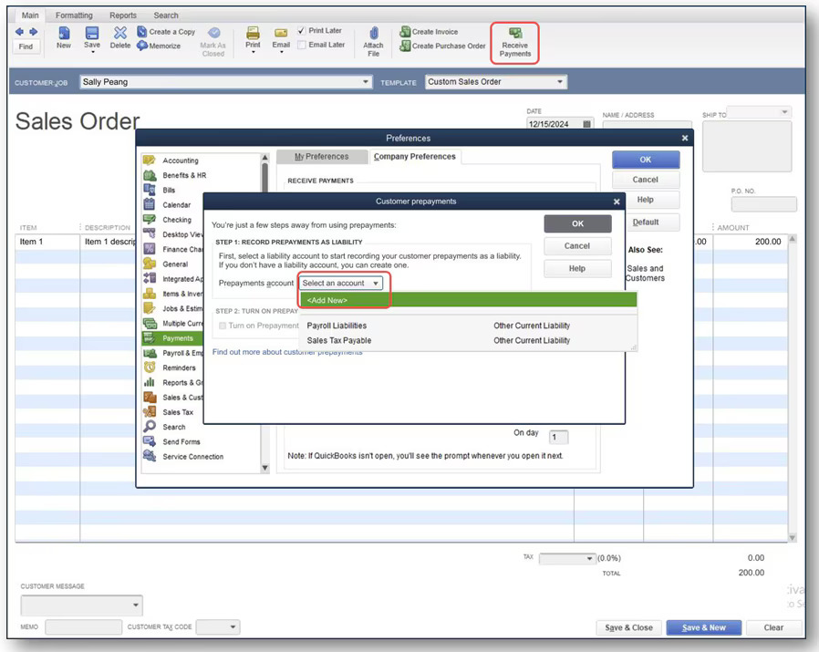 A screenshot of QuickBooks Desktop 2024's sales order prepayments feature.