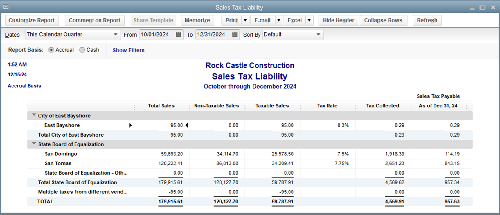 An example Sales Tax Liability report in QuickBooks Desktop.