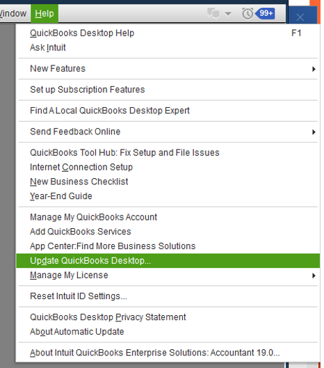 A screenshot showing where the "Update QuickBooks Desktop..." option is in the "Help" menu.