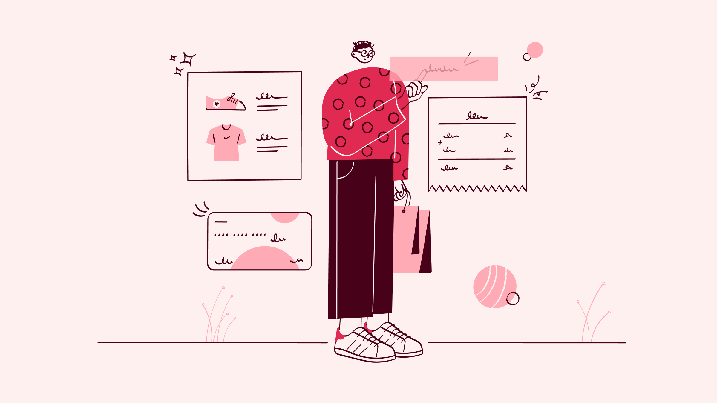 A fuchsia illustration of a person online shopping.