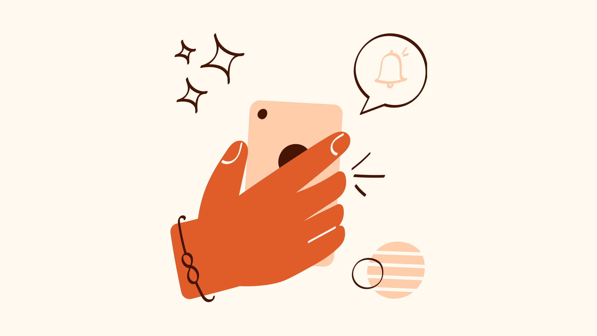 An orange drawing of a hand holding a phone, which has a notification.