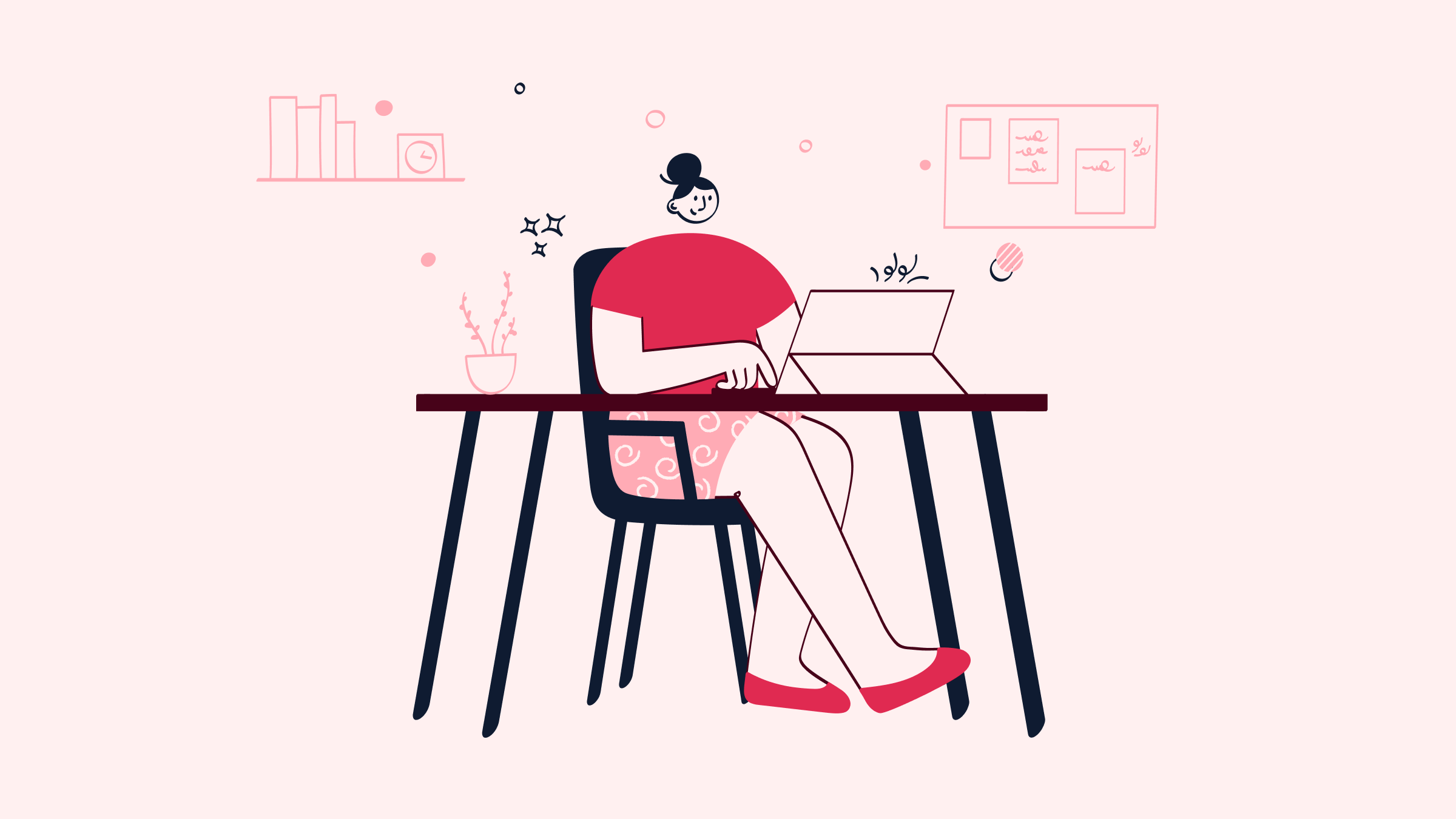 Fuchsia drawing of a woman working at a desk on a laptop.