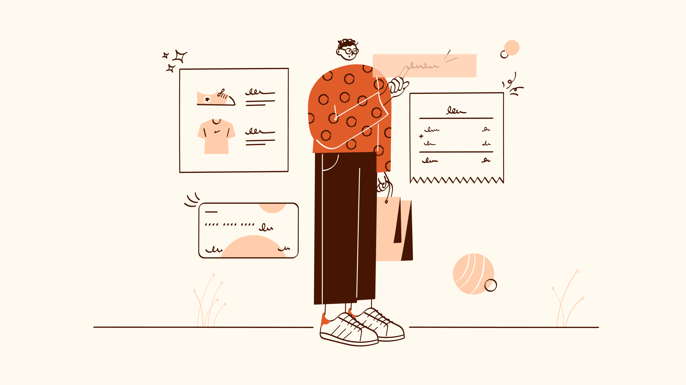 An orange illustration of a person online shopping.