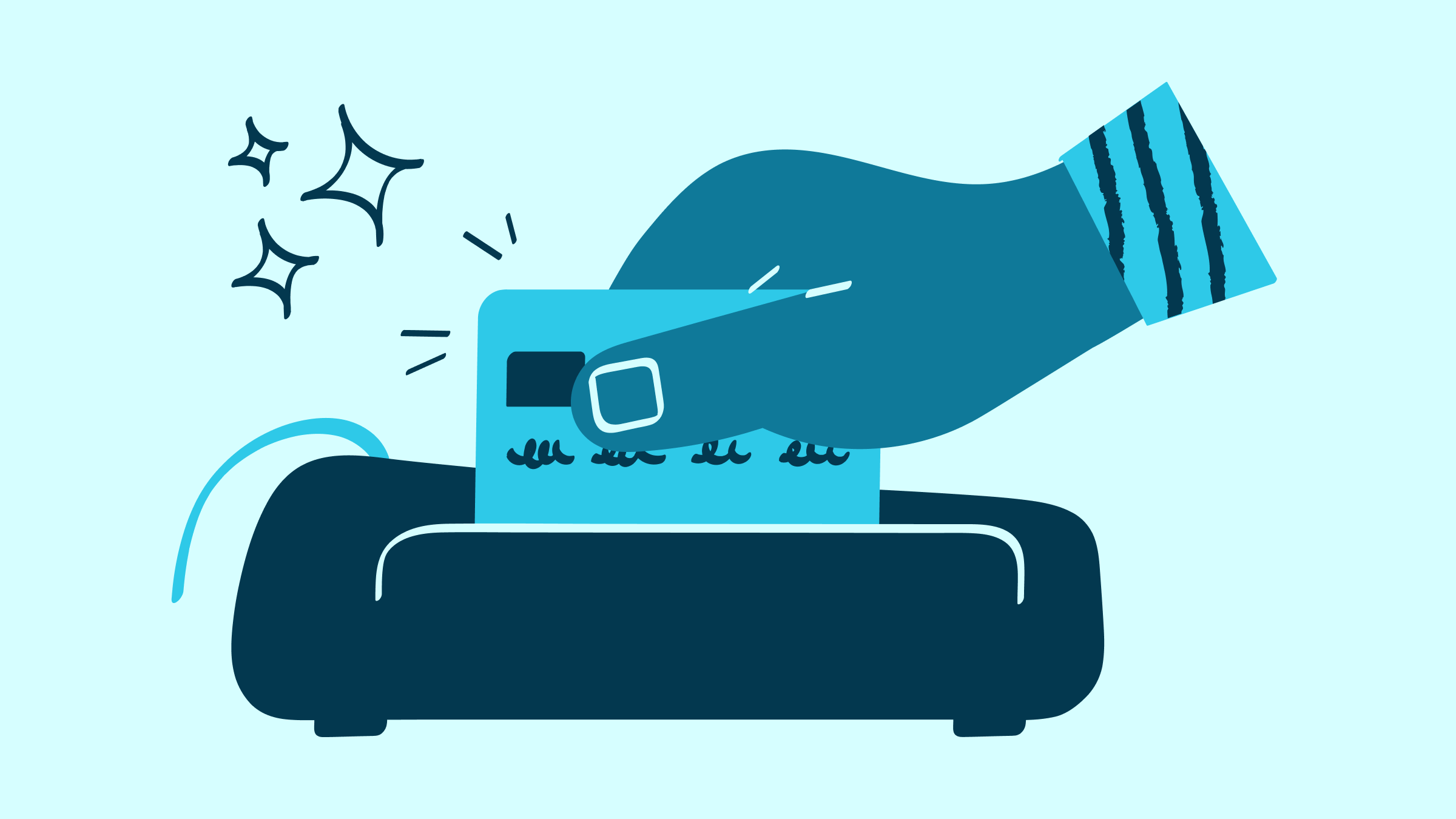 A teal illustration of a person swiping a credit card.