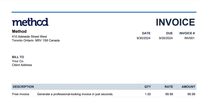 Screenshot showing an invoice created using the Method invoice generator.