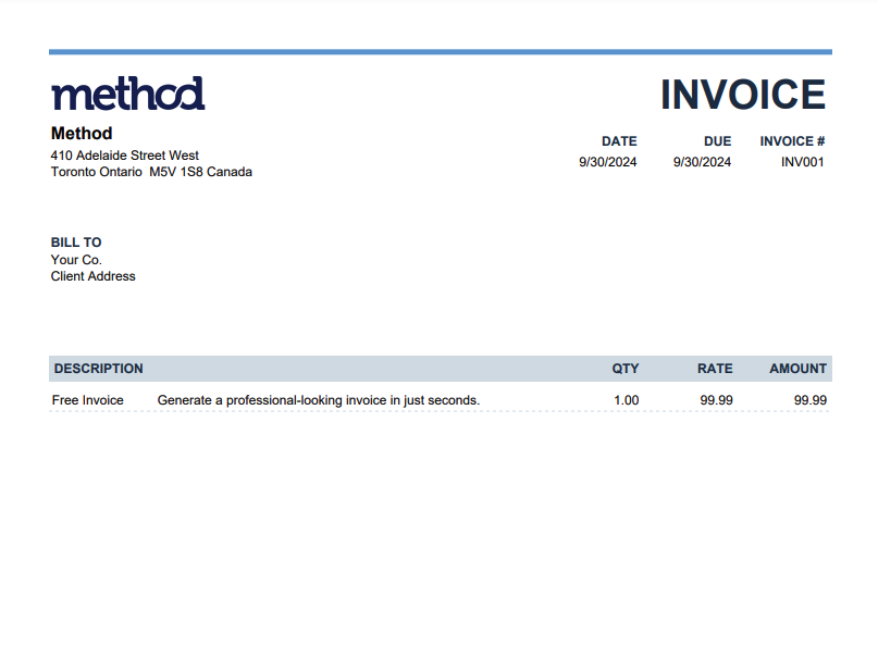 Screenshot showing an invoice created using the Method invoice generator.