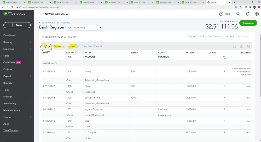 A screenshot showing the Bank register screen in QuickBooks Online, highlighting the filter option.