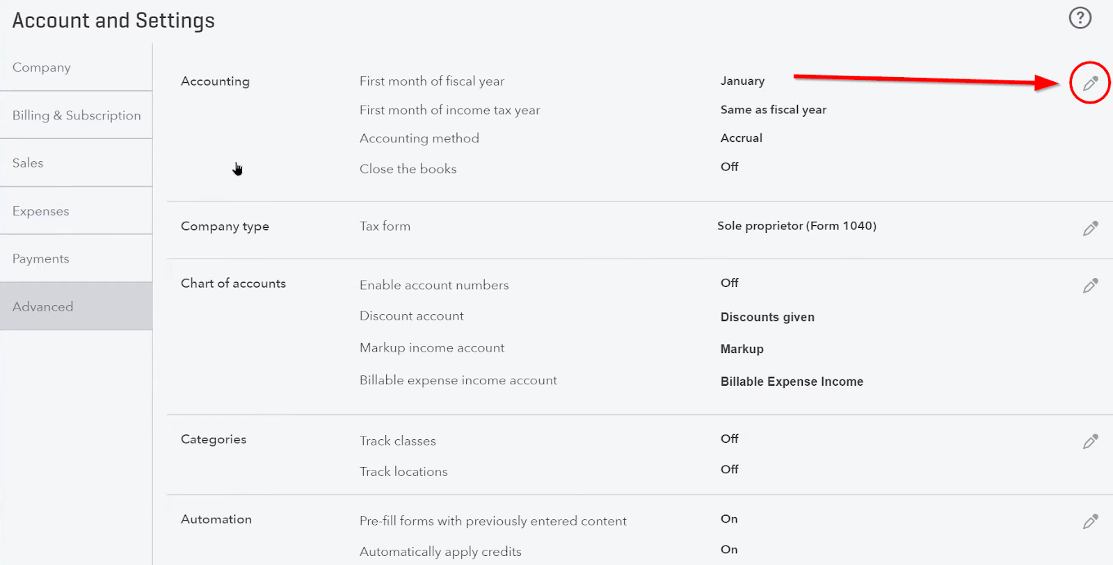 A screenshot showing how to set the first month of your fiscal year in QuickBooks Online.