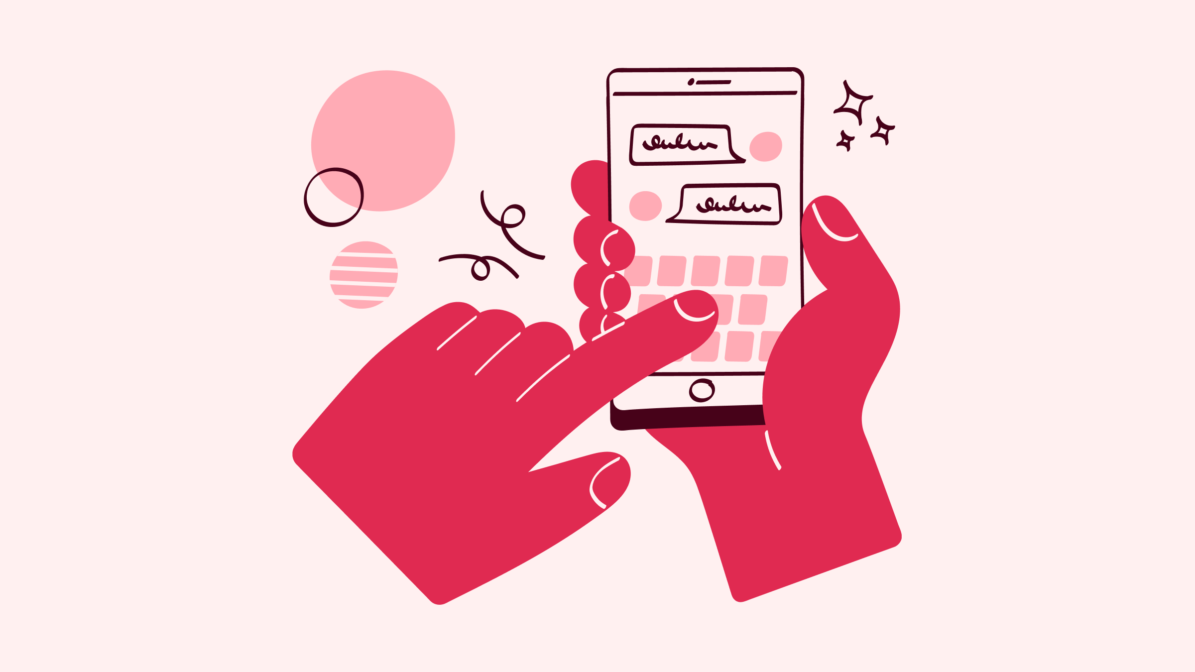 A fuchsia illustration of a person using a chat feature on their phone.