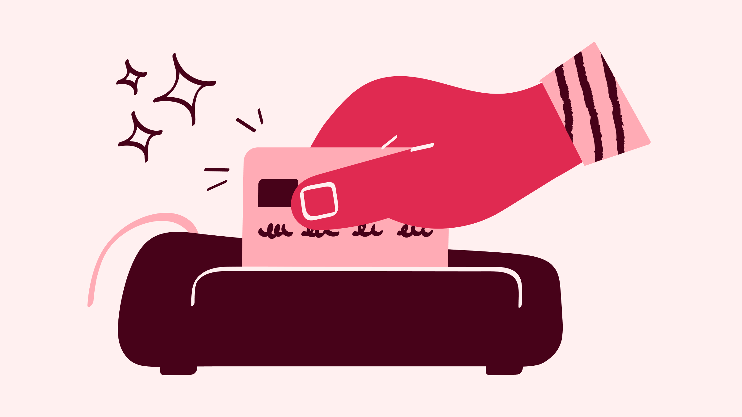 A fuchsia illustration of a person swiping a credit card.