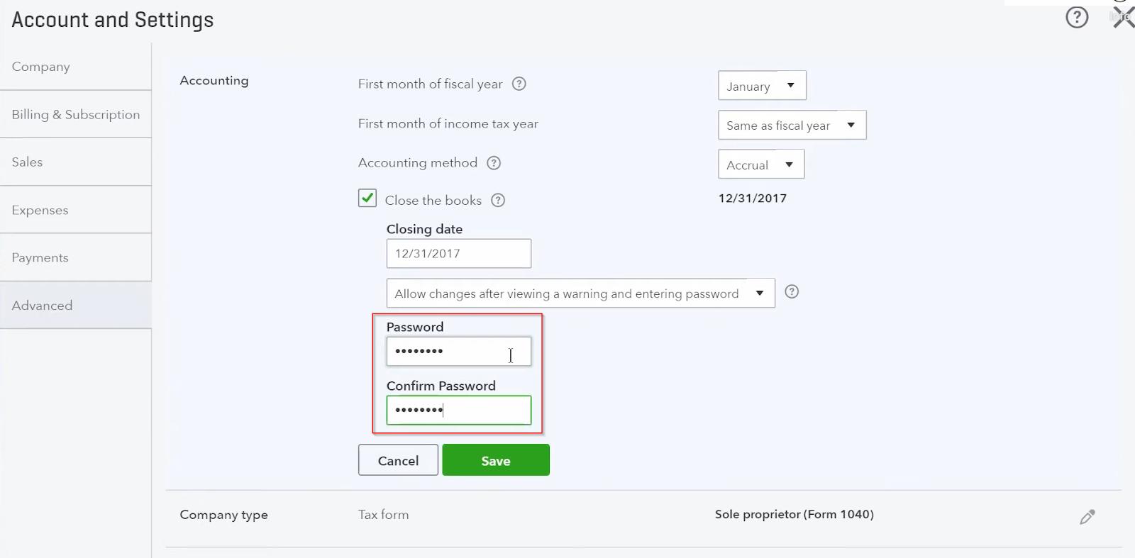 A screenshot showing where to enter your password when changing the fiscal year in QuickBooks Online.