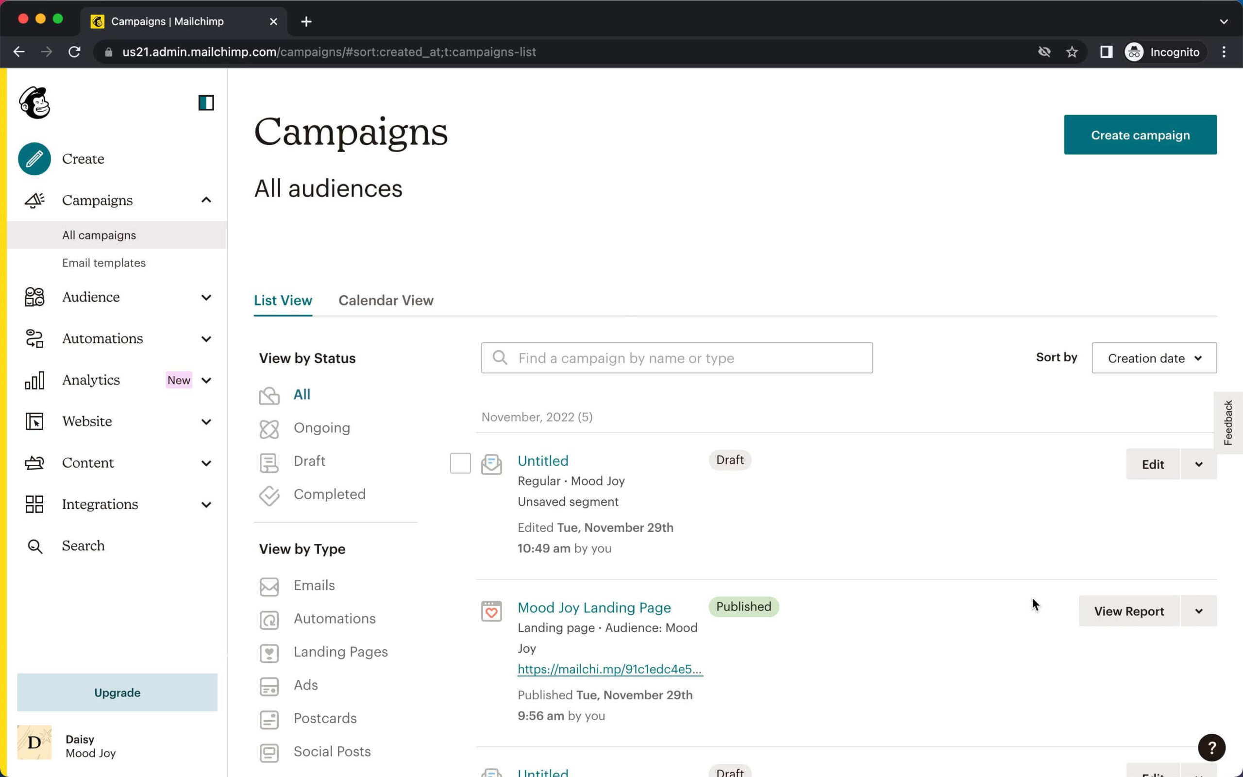 A screenshot of the Campaigns window in Mailchimp