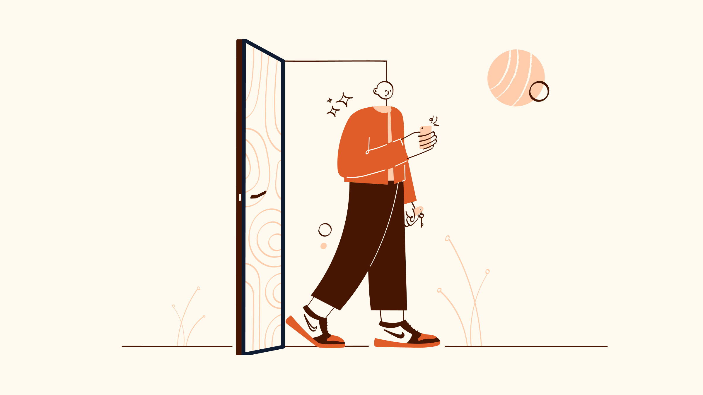 An orange illustration of a man on a mobile phone walking through a doorway.