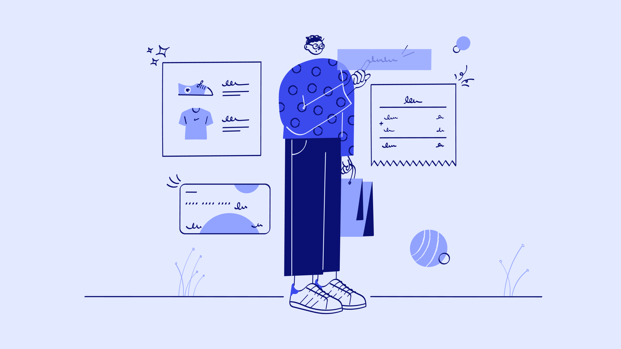 A purple illustration of a person online shopping.