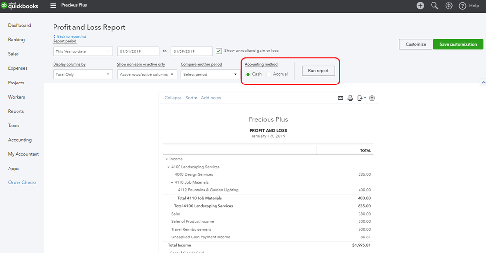 A screenshot showing the Profit and Loss Report in QuickBooks Online